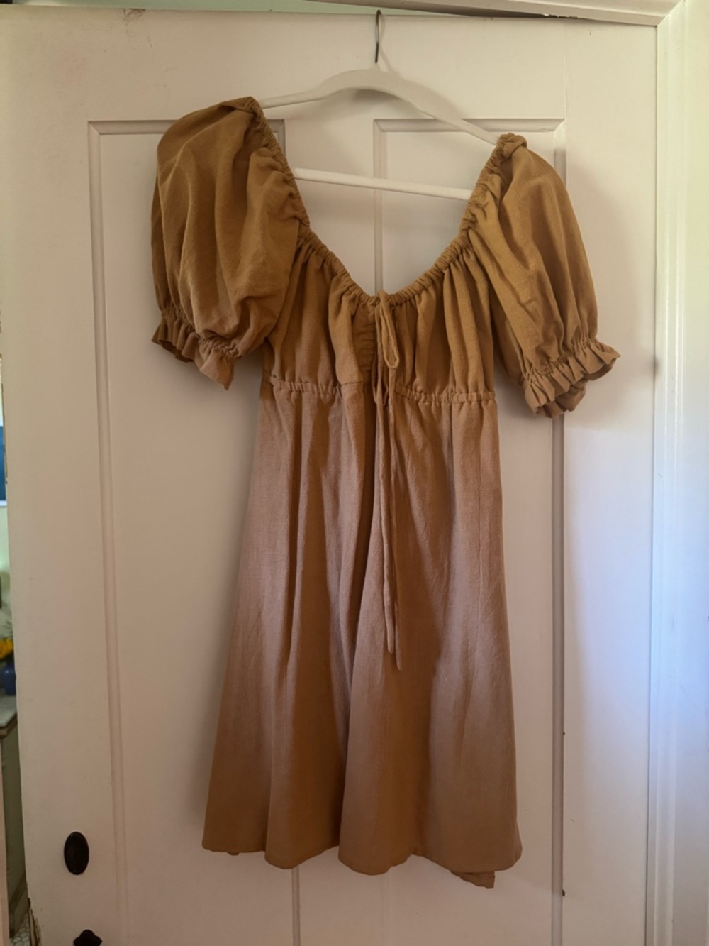 Puff-Sleeve Mini Dress in Camel